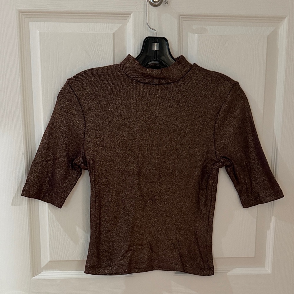 Express Metallic Brown Mock Neck Sweater fitted half sleeve medium